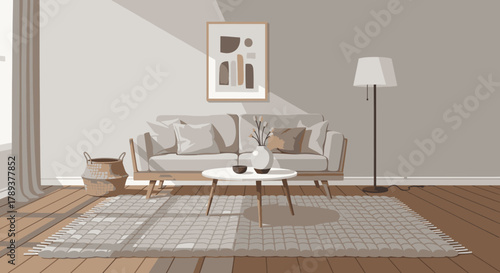 A bright and airy living room with a modern sofa, coffee table, and abstract art, bathed in natural light.