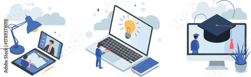Isometric illustration set showing online education, e-learning, digital idea creation, and virtual learning concepts with students using modern technology