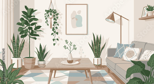 A cozy and inviting living room interior with numerous green houseplants, a sofa, and a coffee table.