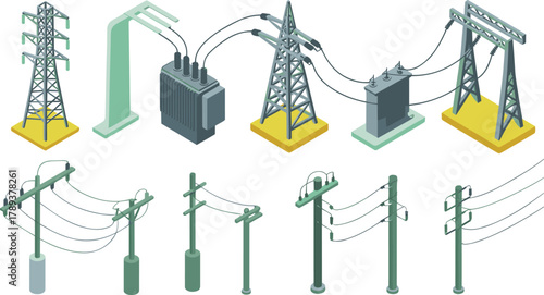 isometric power line and electricity transmission tower set, transformer station, utility poles, electrical energy infrastructure illustration design