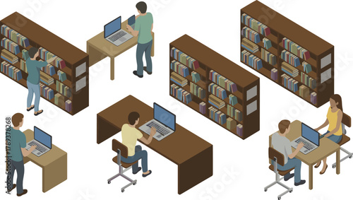 isometric library interior with people reading books and using laptops, modern education concept, bookshelf study area illustration design
