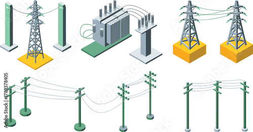isometric power line and electricity transmission tower set, transformer station, utility poles, electrical energy infrastructure illustration design