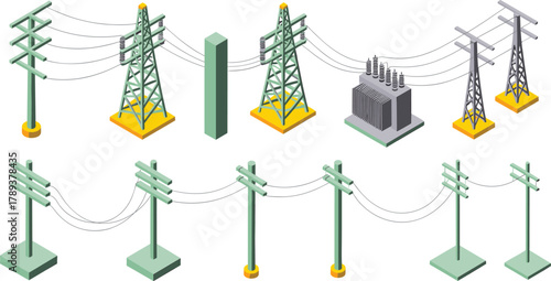 isometric power line and electricity transmission tower set, transformer station, utility poles, electrical energy infrastructure illustration design