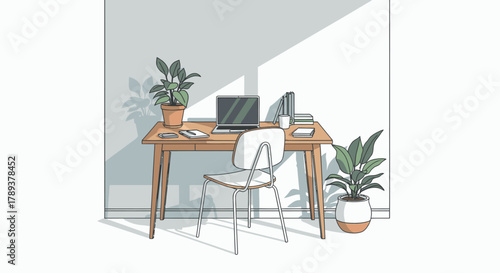 A minimalist home office setup with a wooden desk, laptop, chair, and potted plants bathed in sunlight.