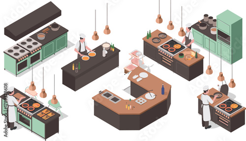 Isometric professional kitchen illustration with chefs cooking, grilling, baking, and preparing meals on modern countertops and cooking equipment