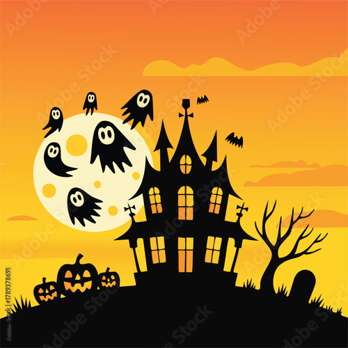 Spooky vector illustration of a dark haunted house and scary castle silhouette on a Halloween night with bats, a pumpkin, and an autumn tree