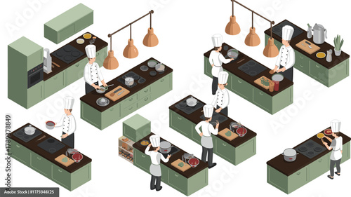 Isometric professional kitchen illustration with chefs cooking, preparing food, using stoves, ovens, utensils, and countertops in culinary training environment