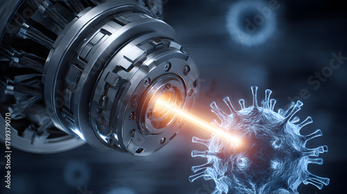 Advanced Technology Concept Featuring a High-Tech Device Emitting Energy Towards a Virus Structure, Symbolizing Innovation and Scientific Progress in Medicine