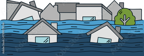 Flat design of flood natural disaster and environment. Weather warning and climate crisis asset.