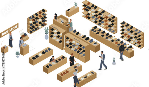 isometric shoe store interior with customers shopping footwear, modern retail shop design, people buying shoes, fashion store illustration