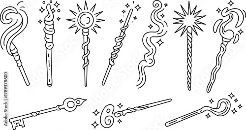 Magical wands and staffs illustration collection in black and white line art style for fantasy, wizard, and mystical designs