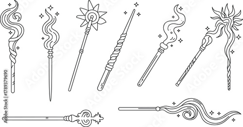Magical wands and staffs illustration collection in black and white line art style for fantasy, wizard, and mystical designs