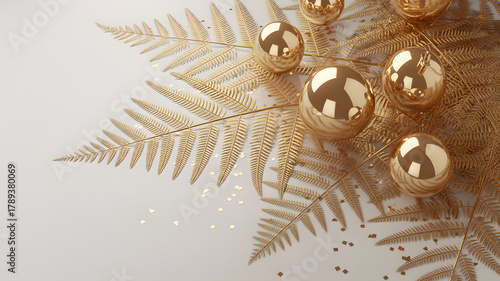 Golden christmas baubles and fern leaves on a white background, festive and elegant decoration
