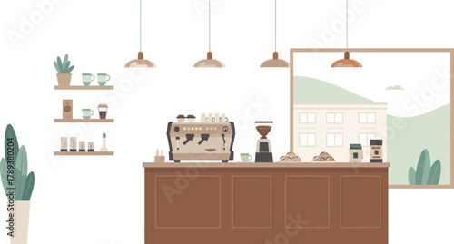 Minimalist modern coffee shop interior illustration with espresso machine, wooden counter, hanging lights, plants, and cozy cafe design