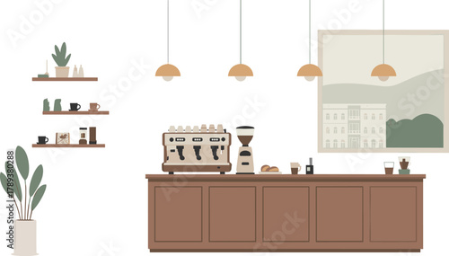 Minimalist modern coffee shop interior illustration with espresso machine, wooden counter, hanging lights, plants, and wall art decoration, cozy cafe atmosphere
