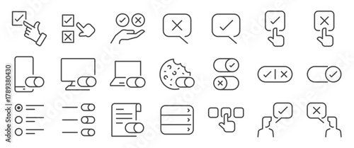 Opt-in and opt-out icon set. It included privacy, policy, select, choice, choose and more icons. Editable Vector Stroke.