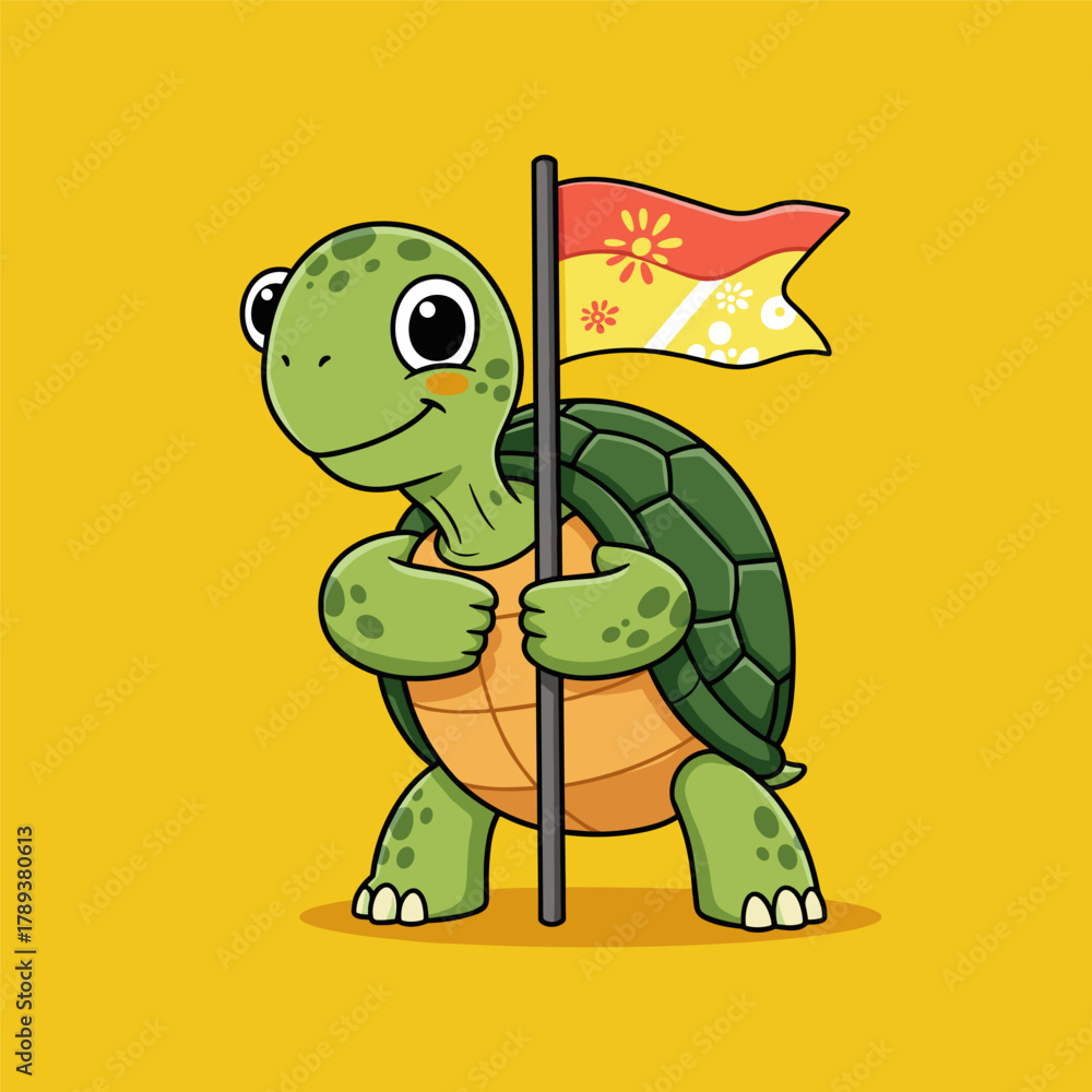 Fototapeta premium Cute green turtle mascot standing and holding a festive, floral flag on a bright yellow background.