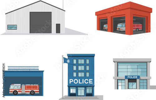 Modern emergency service buildings illustration set, including police station, fire department garage, industrial warehouse, vector architecture collection, public safety concept