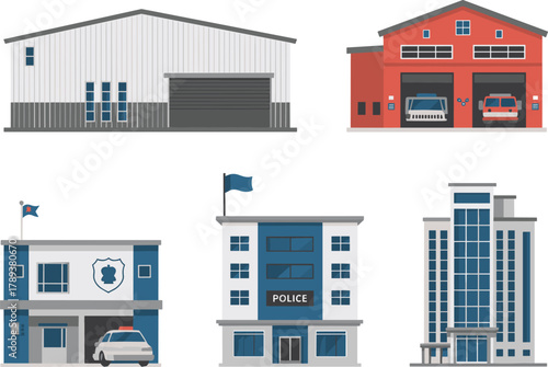 Modern emergency service buildings illustration set, including police station, fire department garage, industrial warehouse, vector architecture collection, public safety concept