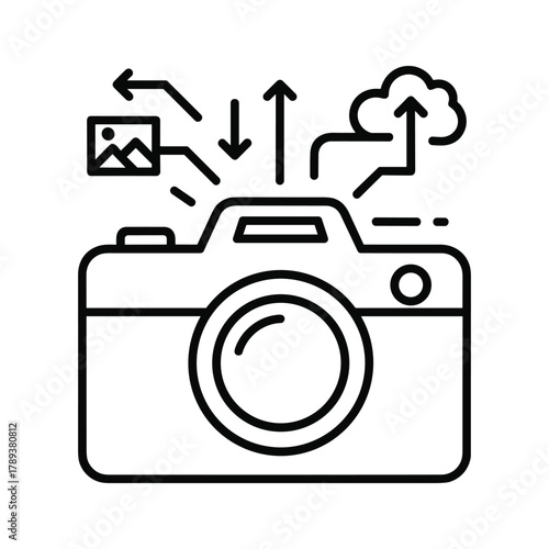 Camera icon with arrows and cloud symbol for photo transfer