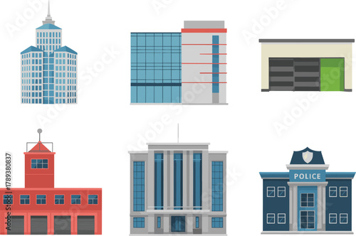 Modern public building collection, office, fire station, warehouse, police department, government architecture, urban construction, flat design illustration set