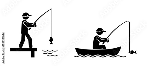 Stickman Fishing Illustration - Minimalist People Fishing from Dock and Boat.