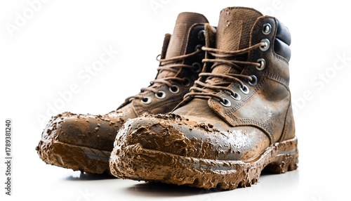 A dirty shoe covered in mud isolated on white background.