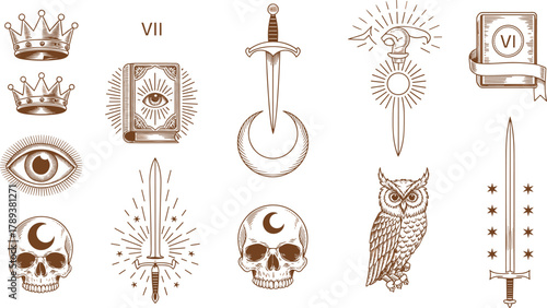 Mystical occult illustration collection featuring sword eye moon skull crown and book of magic in vintage esoteric line art