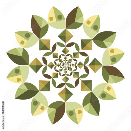 Symmetrical geometric mandala with leaf and diamond shapes.