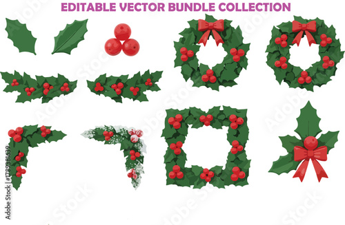 Holly berry icons set, Chritmas logo wirh holly berries.Christmas holly berry flat vector illustration icons set ,Cartoon holly leaves and berries.A simple illustration of holly leaves and berries