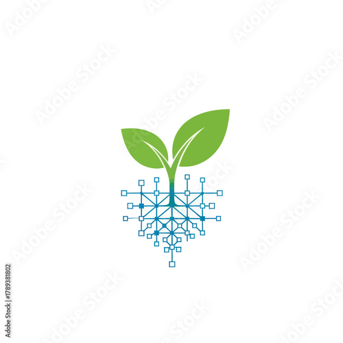 Green plant sprout growing from a digital network root system.