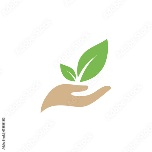 Human hand nurturing a small green plant sprout icon.