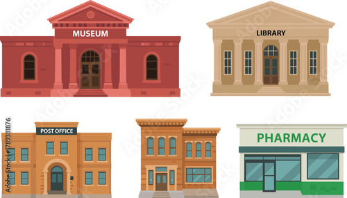 Public building illustration set with museum, library, post office, pharmacy, government architecture, urban services, flat design city collection