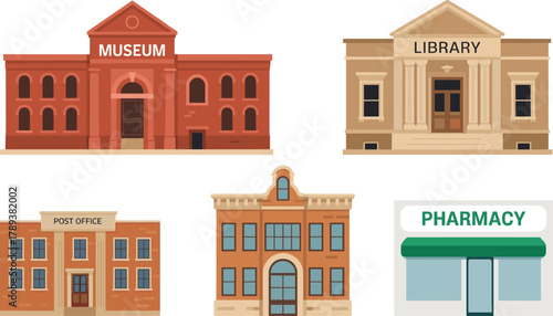 Public building illustration set with museum, library, post office, pharmacy, government architecture, urban services, flat design city collection