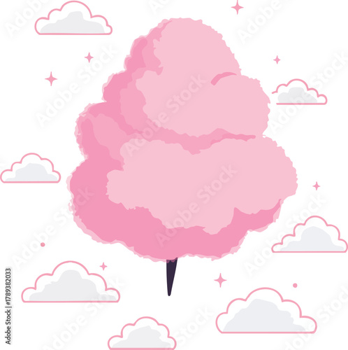 A 2D flat illustration of pink cotton candy surrounded by white clouds and pink sparkles on a white background.
