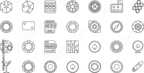 Casino outline icon set with dice, poker chips, playing cards, roulette, slot machines, and gambling elements for vector design.