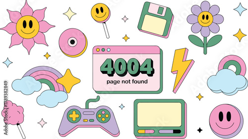 Retro 404 page not found illustration with colorful vintage icons, smiley faces, rainbows, and nostalgic internet aesthetic digital art