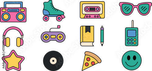 Retro themed colorful icon set featuring vintage objects, music, food, and lifestyle elements in nostalgic minimalist flat vector design