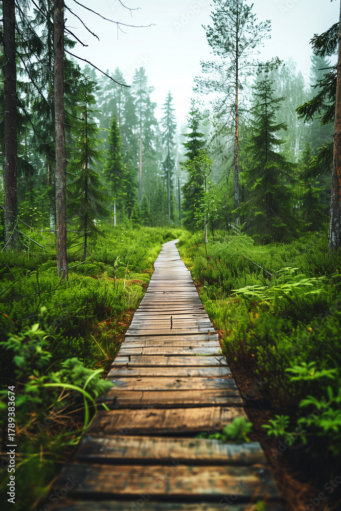 Obraz premium Scenic wooden path through lush green forest on a claudy day