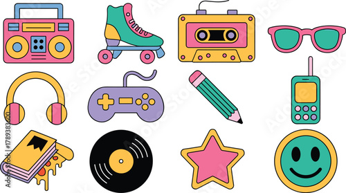 Retro themed colorful icon set featuring vintage objects, music, food, and lifestyle elements in nostalgic minimalist flat vector design