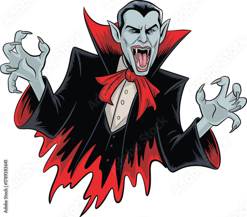 Scary vampire cartoon illustration with red cape, sharp fangs, and menacing expression, Halloween horror character art on white background