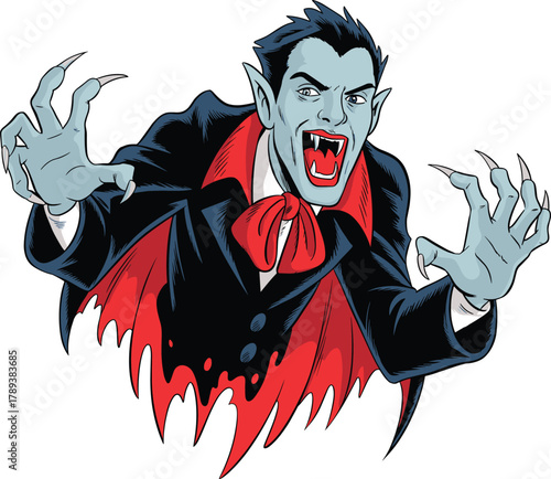 Scary vampire cartoon illustration with red cape, sharp fangs, and menacing expression, Halloween horror character art on white background