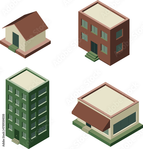 Set of 3D isometric building illustrations including house, apartment, and commercial shop, modern architecture collection for urban design
