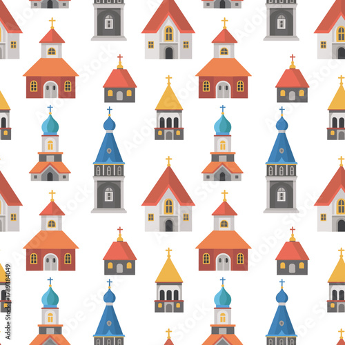 Seamless pattern of traditional church buildings with domes and spires, colorful religious architecture illustration, cultural heritage design background