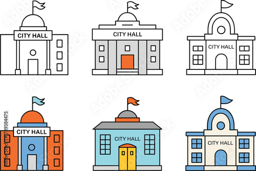 Set of colorful city hall building illustrations, government architecture icons, municipal offices collection, flat vector public administration design
