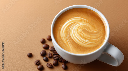 Creative coffee swirl in cup with coffee beans on brown background for morning beverage