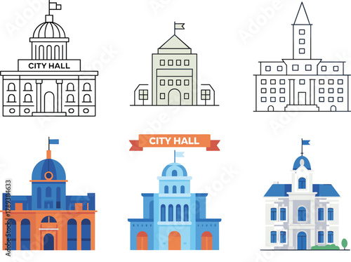 Set of colorful city hall building illustrations, government architecture icons, municipal offices collection, flat vector public administration design