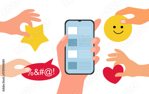 Customer satisfaction on mobile app concept, opinion of service, customer feedback. Feedback, evaluation of product, service, rating.