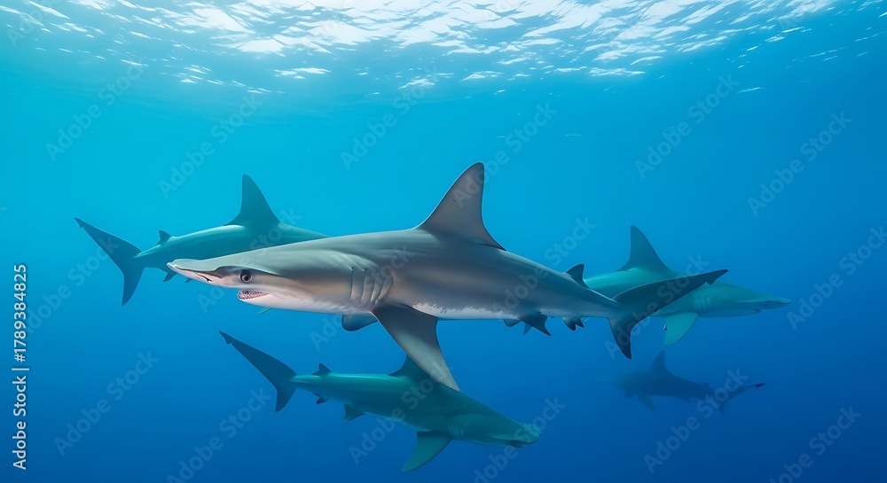 Obraz premium A majestic school of scalloped hammerhead sharks gracefully swimming together in the deep blue ocean waters