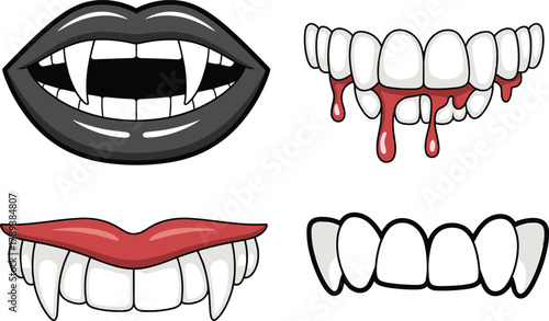 Set of four cartoon vampire teeth designs with fangs, blood details, and scary lips for Halloween fantasy illustration collection